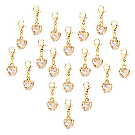 PandaHall Zirkonia-Anhänger, 50 Stück Herz-Kristall-Charms, Zirkonia-Anhänger, Glänzende, Zierliche Charms, Kleine Baumeln Mit Goldenen Karabinerverschlüssen Für Schlüsselbund, Geldbörse, Dekoration