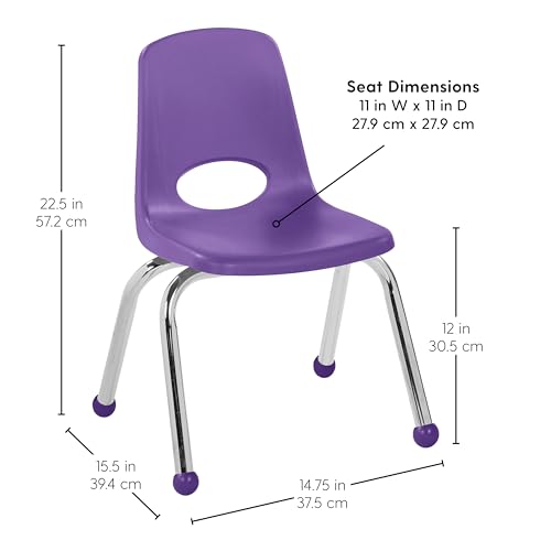 Image of FDP 12 inch School Stack Chair, Stacking Student Seat with Chromed Steel Legs and Ball Glides; For In-Home Learning or Classroom - Contemporary /Purple (4-Pack), 14003-CTPU