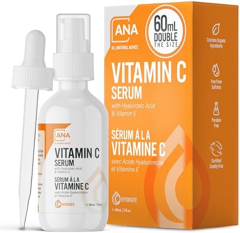 All Natural Advice Vitamin C Serum 60mL | 20% Vitamin C Face Serum Solution with Organic Botanicals, Hyaluronic Acid & Vitamin E | UV-Shielding Glass Bottle, Spray & Dropper | Canadian Skin Care