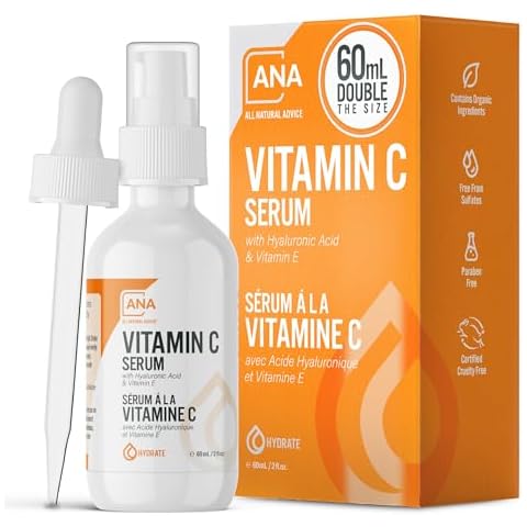 All Natural Advice Vitamin C Serum 60mL | 20% Vitamin C Face Serum Solution with Organic Botanicals, Hyaluronic Acid & Vitamin E | UV-Shielding Glass Bottle, Spray & Dropper | Canadian Skin Care Cover
