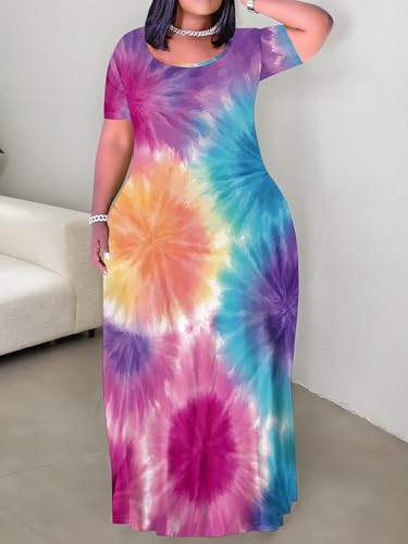 Image of PinkPatty Plus Size Dress for Women Casual Crew Neck Short Sleeve Maxi Dress Oversized Summer Beach Dresses with Pockets