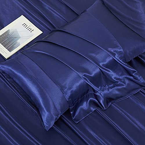 Redtom Silk Satin Sheets Full Size, Navy Blue Silk Sheets Set, 4-Pcs Ultra Soft Silky 15" Deep Pocket Satin Bed Sheets Set With 1 Fitted Sheet, 1 Flat Sheet And 2 Envelope Pillow Cases #TOP5