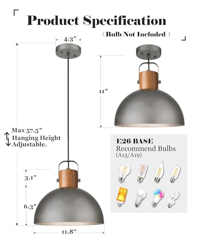 ELYONA Industrial Pendant Light Fixtures,12" Rubber Wood Dome Hanging Lamp, Grey Metal Shade,Adjustable Rustic Island Light for Kitchen Sink Farmhouse Dining Room Living Room Hallway, Antique Silver - Image 7