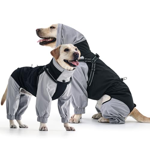 IECOii Dog Raincoat with Built-in Harness, Waterproof & Windproof 4-Leg Rain Jacket with Hidden Hood, Reflective & Adjustable Rain Gear for Medium Large Giant Dogs – Ideal for Outdoor Walkin