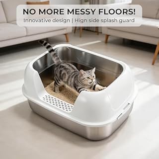 Stainless Steel Sifting Litter Box with Lid, Metal Litter Pan with Scoop for Big Cats Multi Cat, Extra Large Cats Litterbox Odor Control Easy Clean (22.8 * 16.1 * 6.5inch-Without Enclosure, X-Large)