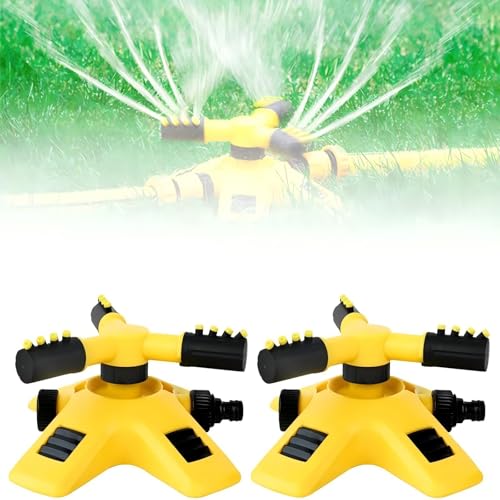 Arroseurs pour pelouse - Arroseur de jardin rotatif à 360° | Arroseur de jardin oscillant à 3 bras avec fixation de tuyau | Système d'arrosage automatique pour gazon (jaune, 2 pièces)