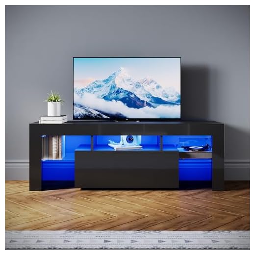 SONNI TV-Schrank Modern 130cm, Lowboard Hochglanz Schwarz mit 16 Farben LED-Beleuchtung, Schublade, offene Glasböden, Fernsehtisch für Fernseher bis 65 Zoll Wohnzimmer & Schlafzimmer, 130x35x45cm.