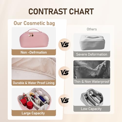 Large Capacity Cosmetic Bag for Women, Waterproof PU Leather Makeup Bag for Travel,Toiletry Bag Make up Organizer with Divider and Handle (Pink)3