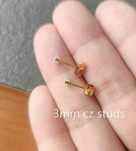 14K Gold Plated Tiny 3Mm Ball & Cz Stud Earrings Set: Small Dot Ear Studs Multipack Surgical Steel Hypoallergenic | Mini Cubic Zirconia Post Earrings For Women Girl, Pack Of 6 Pairs #TOP5