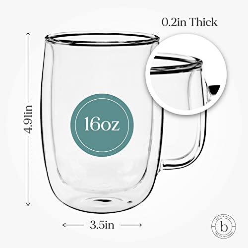 Brimley Clear 16Oz Double Walled Glass Coffee Mugs 2 Pack - Insulated Mug For Hot & Cold Beverages - Scratch Resistant Borosilicate Glass Coffee Mug With Handle - Dishwasher/Freezer/Microwave Safe #TOP5