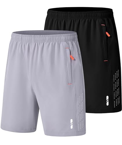 EIHEYA Men's Athletic Running Shorts Quick Dry Lightweight Workout Gym Short with Zipper Pockets Jogging Sports Outdoor Training Black Lightgrey S