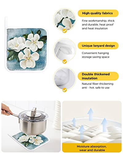 Pot Holders Set Of 2,Country White Flower Green Leaf Potholder For Kitchen Heat-Proof Hot Pads,Rural Blooming Floral Blue Gradient Back Hot Mats Potholders For Cooking Baking Bbq #TOP1