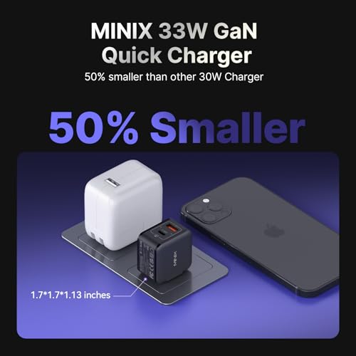 Image of MINIX P1 Mini 30W USB C Charger, 33W PPS 2-Port GaN Charger 1 USB-C Port, 1 USB-A Port with Foldable Plug, Compatible with iPhone 8-15 /16 Series, Galaxy S10-S23, Pad and More