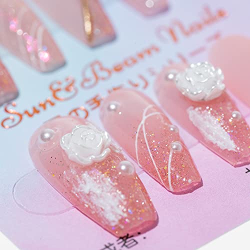 Sun&Beam Nails Handmade Press On Nails Long Coffin Peach Pink Glitter with White Roses and Pearls 10 Pieces for Everyday Wear and Special Occasions (#002 M) - Image 2