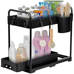 Annhua Organizador Bajo Fregadero Cocina 2 Niveles, Organizador Armario Cocina Extraible, Deslizable Bajo Fregadero con 2 Tazas para Colgar y 5 Ganchos, Negro
