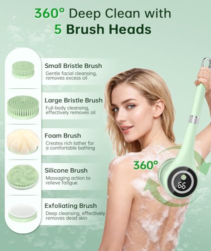 Electric Body Brush Back Scrubber for Shower, Waterproof Long Handle Power Auto Body Scrubber with 5 Heads, 3-Speed Rechargeable Bath Brush for Women, Men, Deep Cleansing, Exfoliating, Massage Skin - Thumbnail 2