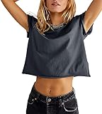 Carpetcom Women's Soft Casual Loose Fit Short Sleeve Tee Shirts Soild Basic Gym Yoga Running Workout Cute Crop Tops Dark Gray