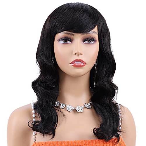 KINKYS Human Hair Body Wave Wig - Water Wave Wigs Ponytail Hair Wig with Bangs 100% Unprocessed Brazilian Virgin Human Hair Bleached Knots Wig Non Lace Front Wig