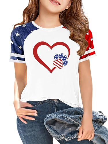 Image of CAZYCHILD Girls 4th of July USA Shirt American Flag Patriotic T-Shirt Independence Day Outfit for Kids 5-14Years