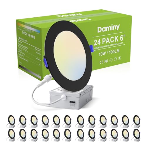 DAMINY 24 Pack 6 Inch Black LED Recessed Lighting with Junction Box 5CCT Ultra-Thin Recessed Light 10W 1100LM Dimmable Canless Wafer Ceiling Light High Brightness