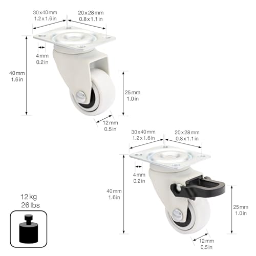 WAGNER Design - 3C - Möbelrollen 4tlg. - weiß, Softlauffläche, Durchmesser Ø 25 mm, Bauhöhe 40 mm, je 2 Rollen mit & ohne Feststeller, Anschraubplatte 30 x 40 mm, Tragkraft 12 kg/Rolle - 02222604
