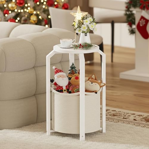 TUTOTAK Set of 2 Round End Table with Woven Storage Basket, White Small Side Table for Living Room, Bedroom, TB01BW0922 — view 2