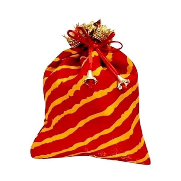 ArtTrails Potli Bag I Bandhej with Lace Top Batwa I Ethnic Traditional Drawstring Closure Potli Purse I Handbag Shagun Pouches for Wedding Diwali Festivals & Return Gifts Women I Red & Yellow - 10 Pcs - Image 6