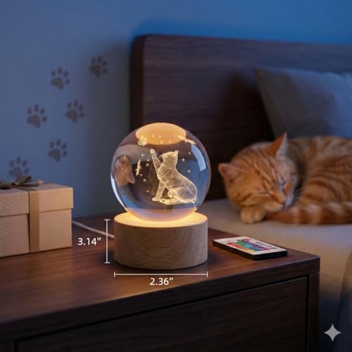 Image of Cat Gifts for Cat Lovers for Women, Large 3D Night Light, Crystal Lamp 16 Color Changing with Remote Control for Bedroom Decor, Play with Butterfly
