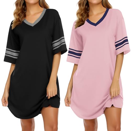 Image of Ekouaer Nightgowns for Women 2 Pack Sleepshirts Short Sleeve Nightshirt V Neck Sleepwear Casual Pajama Dress