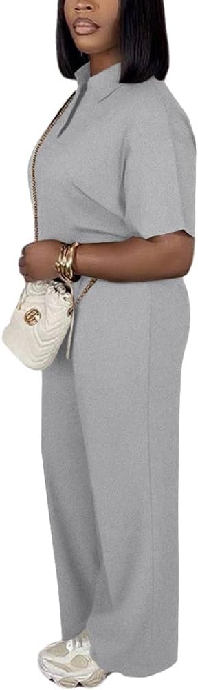 PINSV Women's 2 Piece Outfits Short Sleeve Polo Shirt Wide Leg Pants Tracksuit Lounge Sets - Image 5