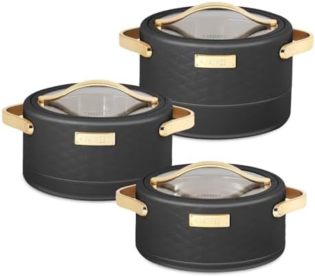 JAYPEE Luxura Klass Set Inner Steel Serving Casserole Set Of 3 Toughened Glass Lid Advanced Pu Insulated 100% Food Grade Lockable Hot Box Easy To Keep Roti,Pulao|1500,2000,2500 Ml,Black,Unglazed