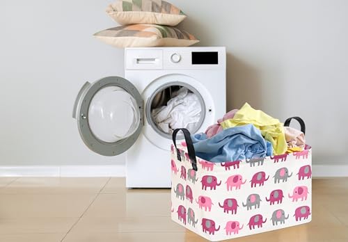 Image of Baby Storage Basket Nursery Box Laundry Hamper Organization Bins for Toys and Clothes with Handles (Pink Elephant)