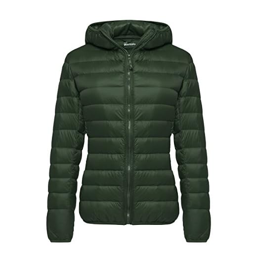 Wantdo Damdunjackor vinter vindtäta varma rockar packningsbara lätta jackor isolerad buffertkappa utomhusjacka huva slim fit jackor, Grön, XL