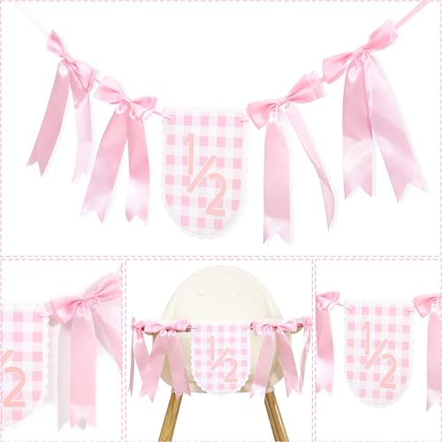 Image of Pink Ribbon Bow 1 /2 Birthday Banner - Sweet 6 Months Birthday Party Decorations,Pink White Gingham Bow Bohemian Garland,Half Way to One Cake Smash,Scalloped Banner Photo Props