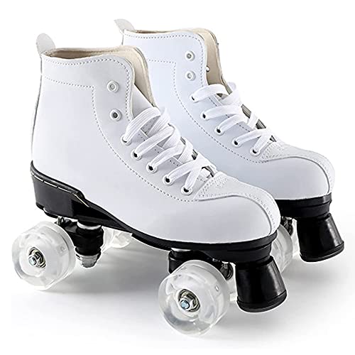 Classic Quad Roller Skates for Women and Men, High-Top PU Leather Double Row 4 Wheels Roller Skates for Indoor Outdoor Unisex Beginners Adult Teens Kids (White,US Women7/Men5.5)