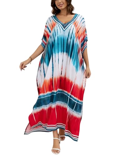 Image of IMAGEKOPE Women's Plus Size Loose Fit Moroccan Print V-Neck Batwing Kaftan Beach Dress Bathing Suit Cover Up