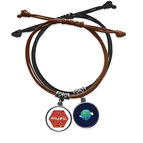Pulsera de notas musicales de cuerda roja y cuero negro trenzado