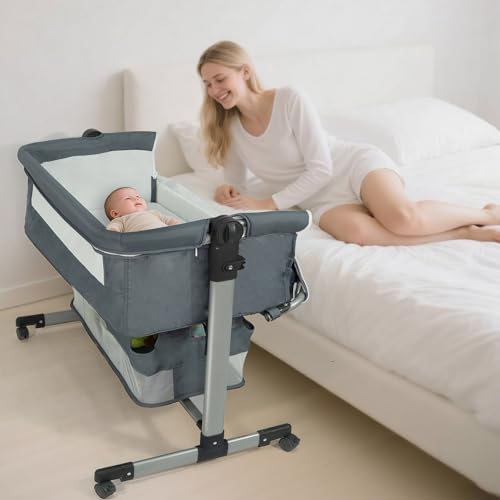 Image of Gentle Monster Baby Bassinet Bedside Crib Sleeper, Rocking Bassinet with Breathable Mesh Mattress Mosquito Net Adjustable Height Storage Net Bag Wheels Easy Folding Portable Bed for Infant Newborn