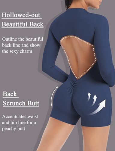 FEOYA Women's Long Sleeved Yoga Backless Zipper Bodysuit Quick Drying One Piece Workout Jumpsuit with Removable Pads2