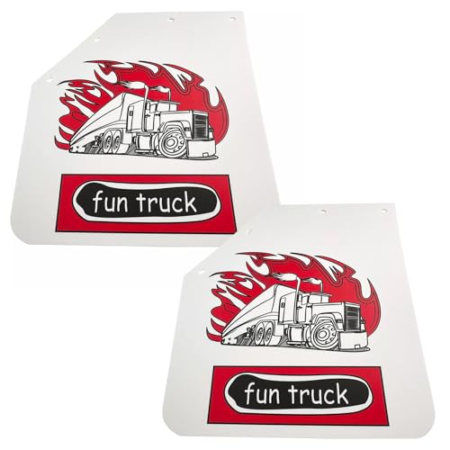 Image of Pair White 24 inch x 24 inch Angled Mud Flaps with Fun Truck Pattern Semi Truck Splash Guard 1 /5 inch Thick Polymer