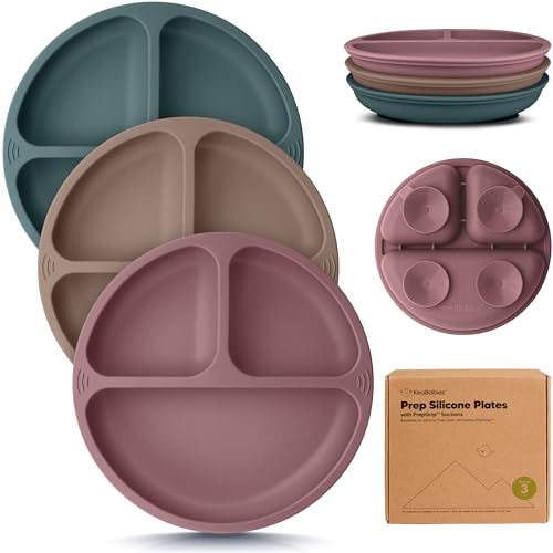 Image of KeaBabies Suction Plates for Baby, Toddler - 3-Pack 100% Silicone Toddler Plates with Suction, Divided, BPA-Free Baby Led Weaning Essentials for Kids, Dishwasher, Microwave Safe, Durable (Rocky)