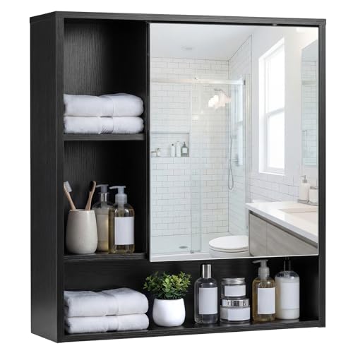 COSTWAY Spiegelschrank, Badezimmerschrank mit Spiegeltür & 3 offenen Regalen, Hängeschrank, Aufbewahrungsschrank, Wandschrank für Waschküche, Badzimmer & Flur, 56 x 16 x 61 cm (Schwarz)