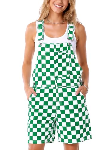 Magrank Men's Green Plaid Denim Overalls Shorts Checkered Bib Coveralls Checkerboard Parades Fashion Romper XL