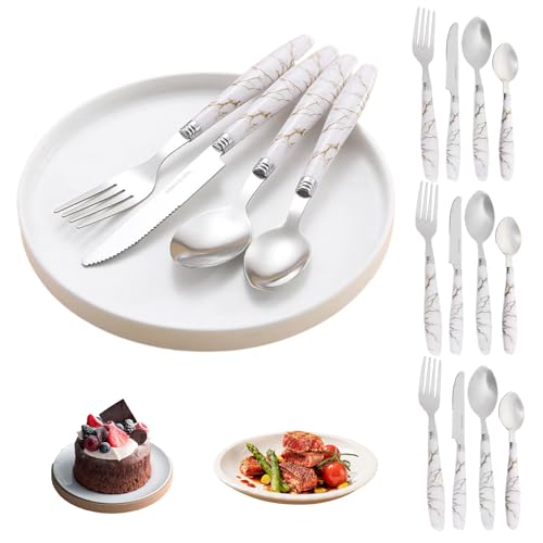 Juego de cubiertos para 4, 16 unids/set cuchillo tenedor cuchara de acero inoxidable con mango de mármol, cubiertos fáciles de limpiar para de cocina