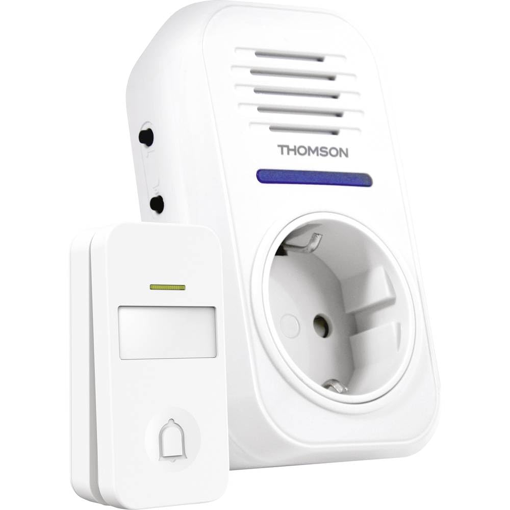 THOMSON Timbre inalámbrico inalámbrico con alcance de 150 m, sin pilas, IP44 resistente a la intemperie, con placa para nombre e indicador LED, 32 tonos de timbre, enchufe integrado