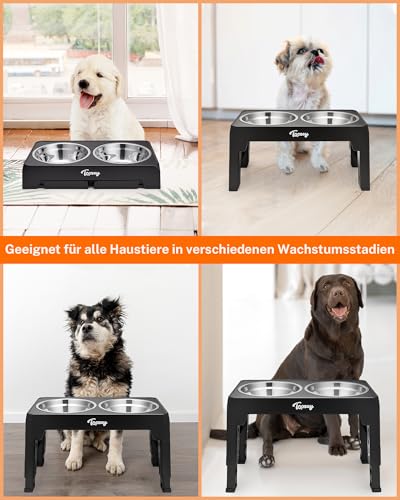 Toozey Hundenapf, Futternapf für Hunde, Höhenverstellbar, mit 2 Edelstahl-Schüsseln von 1200 ml, Hundenapf Erhöht für Mittelgroße und Große Hunde, 4 Höhenverstellbare Fütterung, Schwarz