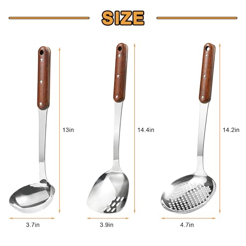FJNATINH Stainless Steel Wok Spatula,Ladle,Skimmer Ladle Tool Set,Mirror Polished Cooking Utensils with Wooden Handle,Easy to Clean Wok Accessories,Sliver 3 PCS by FJNATINH - Image 3