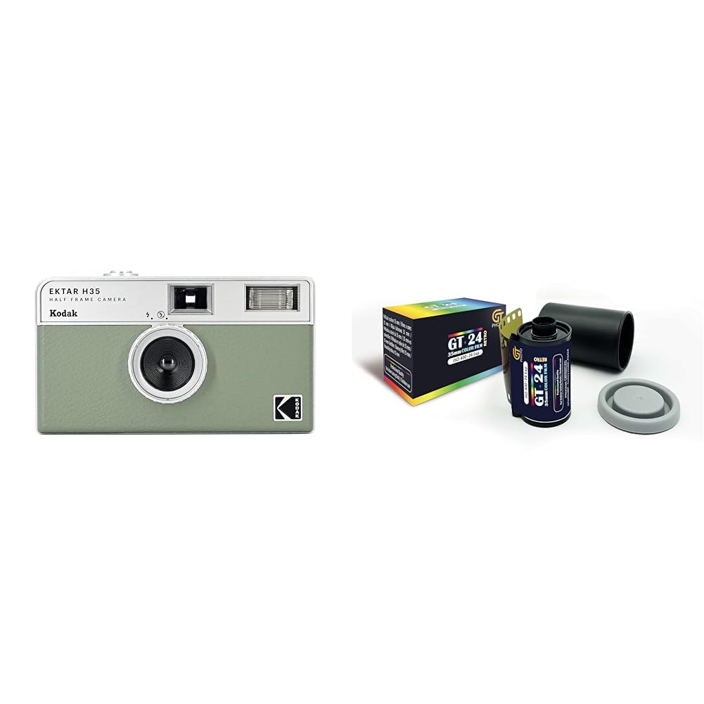 KODAK EKTAR H35 Caméra de Film Demi-Format 35 mm, réutilisable, sans Mise au Point, léger, Facile à Utiliser - Vert Sauge + GT Photo Pellicule Photo Couleur Retro 35mm - 24 Photos