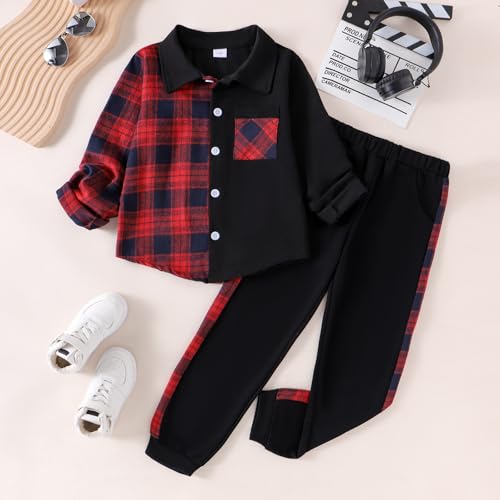 Image of Boy Clothes Fall Winter Outfits Long Sleeve Plaid Patchwork Button Down Shirt + Casual Pocket Sweatpants 5-14 Years