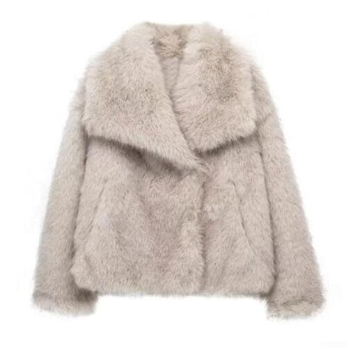 Manteau chaud à revers de couleur unie avec fausses peluches, veste d'hiver surdimensionnée pour femme, manteau décontracté à manches longues pour l'automne et l'hiver (L beige)